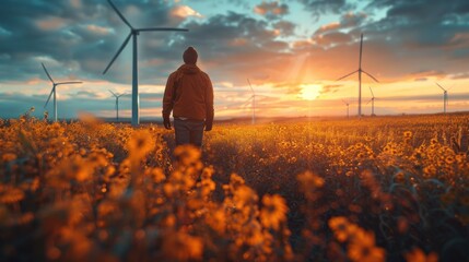 Fototapeta premium Technician working outdoors at a wind turbine field. Renewable energy engineers working on wind power plants.