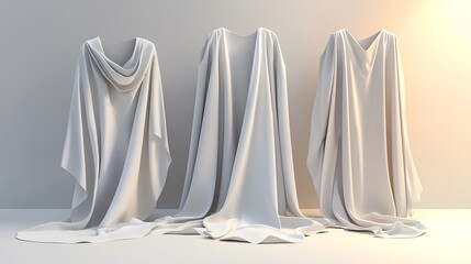Minimalist display of draped fabric over mysterious forms in soft lighting