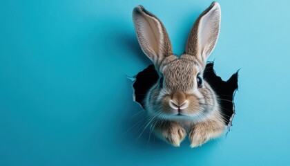 Fototapeta premium Bunny peeking through a hole in a blue wall with fluffy ears for Easter celebrations