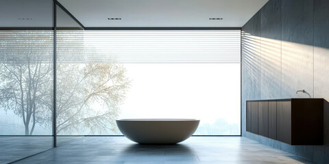Fototapeta premium A large white bathtub sits in a bathroom with a large window