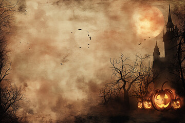 Fototapeta premium Halloween card background frame image, castel and jack-o'-lantern frame image