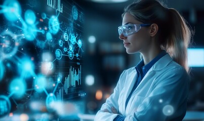 Obraz premium Scientist observes digital data analysis.