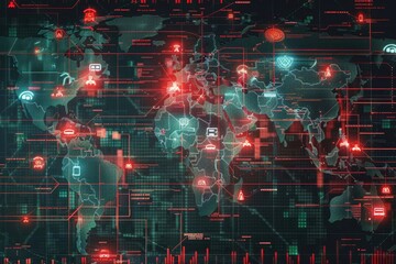 Obraz premium A world map showing global cyber attacks ,A world map illuminated with red and green lights, highlighting various regions in a vibrant display.
