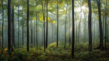 Obraz premium Sunbeams Filtering Through a Foggy Forest