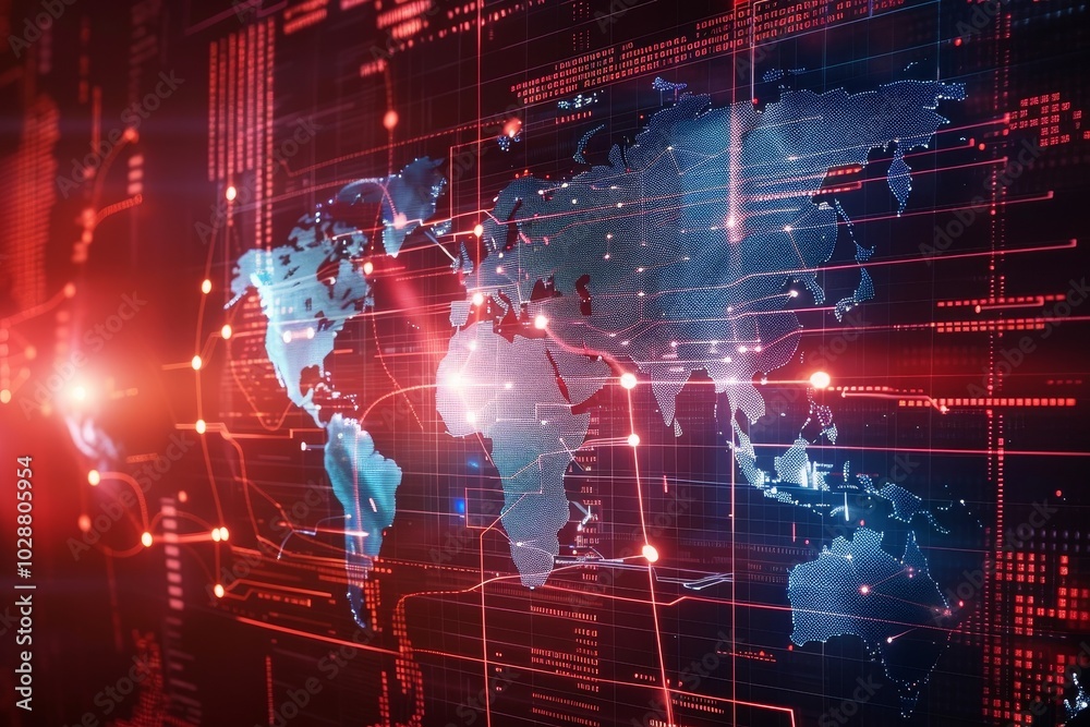 Poster a world map showing global cyber attacks ,a world map displayed with red and green lights, creating 