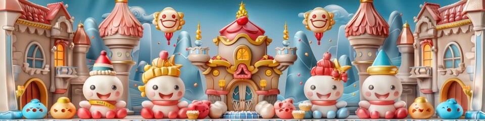 Obraz premium A whimsical candy kingdom with cartoonish castles, happy characters, and candy-themed decorations, creating a playful and fantasy-filled world.