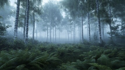 Fototapeta premium A Misty Birch Forest with Ferns in the Foreground