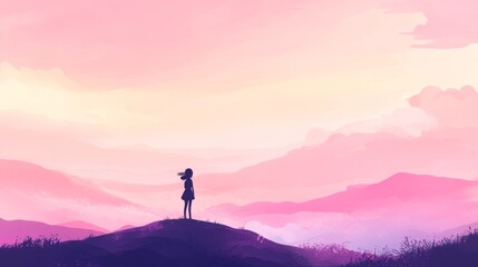 A lone figure stands on a hilltop overlooking a vast, pink-hued landscape at sunset.