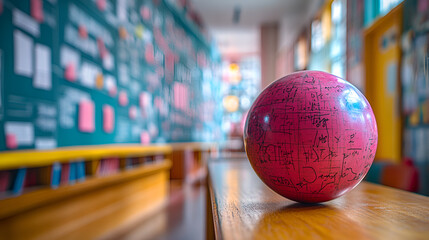 A close-up of a pink globe resting on a wooden shelf in a classroom filled with colorful educational displays