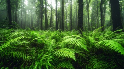 Obraz premium Lush Green Ferns in a Mist-Filled Forest