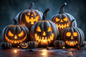 A group of five glowing jack-o'-lanterns with various scary faces, set against a dark and eerie background, creating a spooky and festive Halloween scene.


