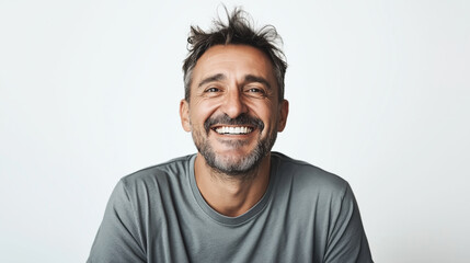Fototapeta premium Middle-aged man with gray beard smiling in a gray T-shirt against a plain white background, showcasing a cheerful expression and casual attire.