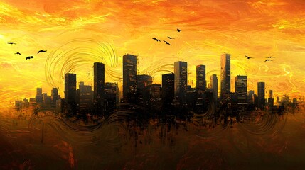 Vibrant urban skyline silhouette against fiery sunset with birds in flight