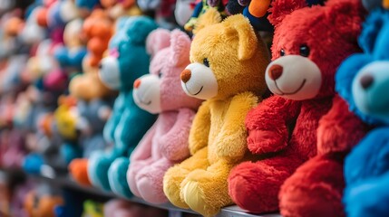 Colorful Plush Teddy Bears on Shelf