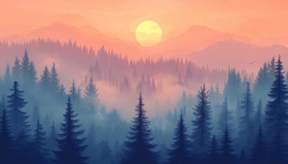 Obraz premium Misty forest landscape at sunset with fir trees in vintage retro style