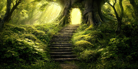 A forest with a tree trunk that has a hole in it