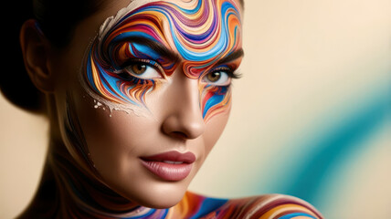 Naklejka premium A woman with colorful face paint and a blue background