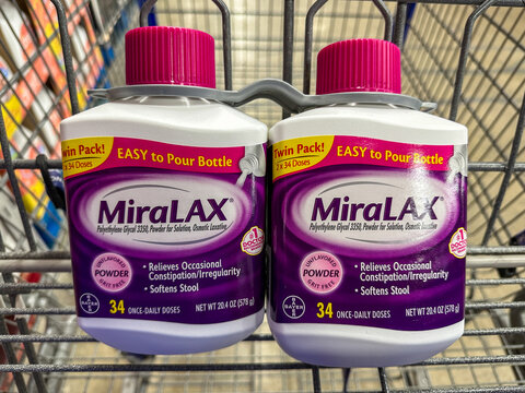 Bottles of Miralax powder in a shopping cart. Merrillville, IN USA October 9, 2024