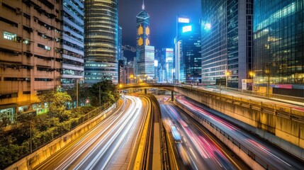 Naklejka premium High-speed cars on city highway at night, light trails in modern urban landscape