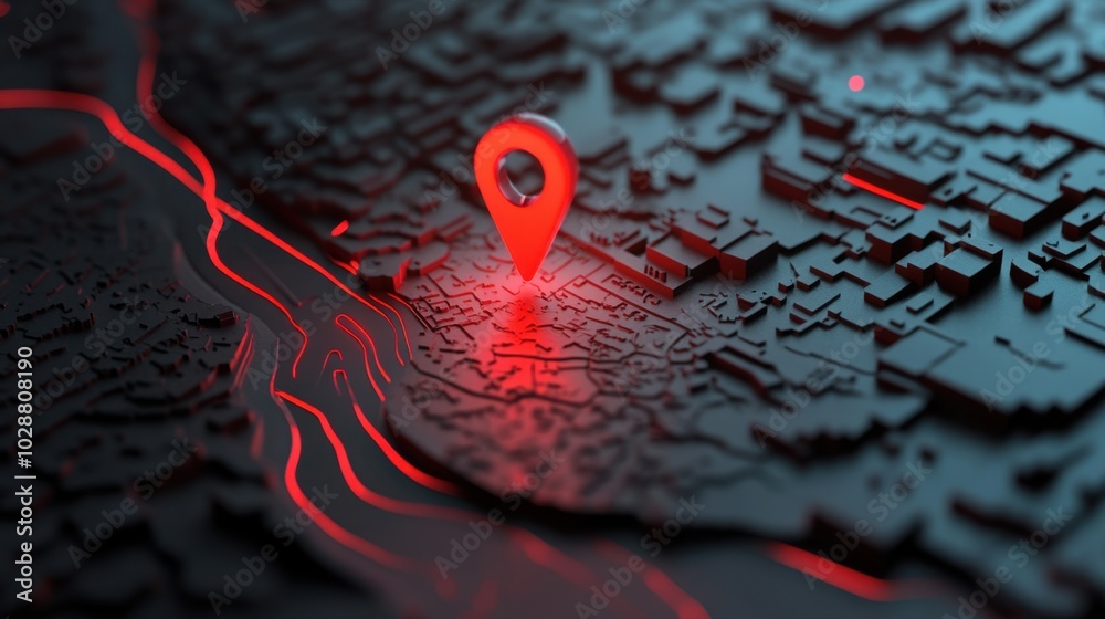 Poster abstract 3d map with a glowing red gps pin, representing road map navigation and the use of digital 