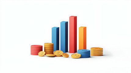 3D Hovering Bar Chart with Coins Symbolizing Financial Growth and Business Metrics on Clean White Background - Isolated Vector Icon for Infographic Use
