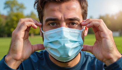 Young man outdoors putting on a medical mask while looking at the camera in a park setting