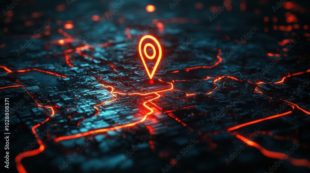 Poster abstract 3d map with a glowing red gps pin, representing road map navigation and the use of digital 
