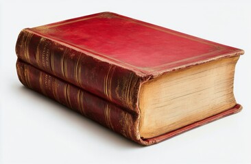 Obraz premium A classic red hardcover book resting on a clean white surface in bright light