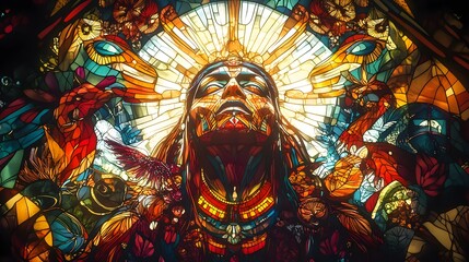 Obraz premium Colorful Stained Glass Window with Native American Figure