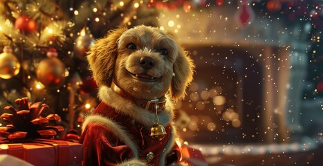 サンタ帽をかぶったかわいい犬と暖炉のあるクリスマスシーン – 暖かい雰囲気の中で光り輝くツリーとオーナメントがホリデーシーズンを彩る-生成AI