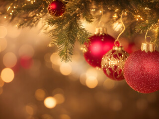 Obraz premium 빛을 반사하는 금색과 은색으로 아름답게 제작된 크리스마스 장식품 클로즈업. 부드럽고 흐릿한 홀리데이 조명을 배경으로 프리미엄, 축제 분위기, 우아한 분위기를 선사합니다.