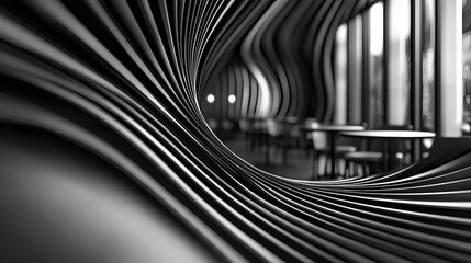 Naklejka premium Futuristic black and white interior with dynamic curved lines and modern design