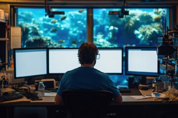Marine biologist working with monitors in an aquatic lab