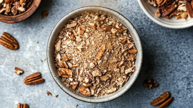 A bowl of chopped pecans and brown sugar, ready for baking