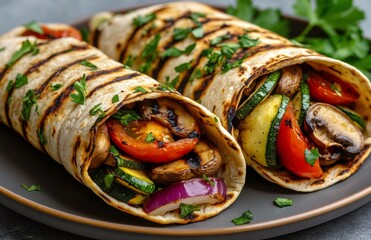 Delicious grilled vegetable wraps served on a stylish black plate with fresh tomatoes