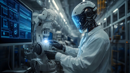 Fototapeta premium A humanoid robot interacts with machinery in a high-tech lab.