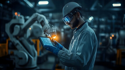 Engineer using a tablet in a high-tech industrial setting.