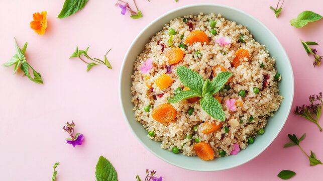 A bowl of quinoa salad with dried apricots and fresh mint, placed on a soft pastel pink background with intricate floral decorative elements