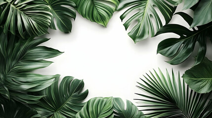 Lush green tropical leaves framing a blank white space.