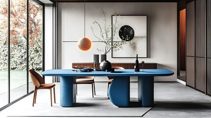 Elegant dining room interior featuring a wooden table and chairs, adorned with stylish decorations and natural light