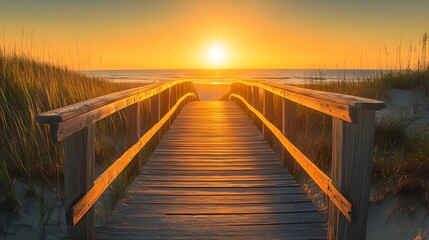 Fototapeta premium A wooden boardwalk leading to the beach, sunset, yellow and orange tones, golden hour