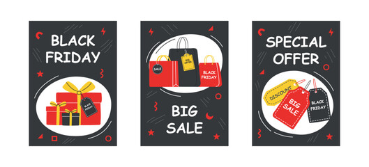 Black Friday cards set. Black Friday sale elements, shopping bags, gift boxes and tags. Vector illustration design templates.