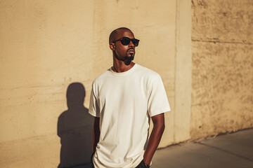 Obraz premium Mockup of African American Man Wearing Sunglasses White Blank t-shirt Urban Advertisement