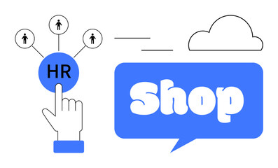Hand touching HR circle connected to people icons and blue shop bubble. Ideal for digital marketing, HR recruitment, online shopping, e-commerce, and cloud services. Modern and flat style