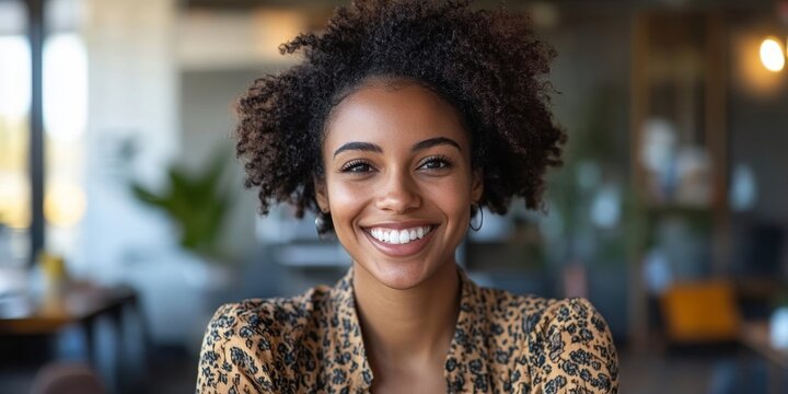 Smiling businesswoman having a video call in a coworking space, Generative AI