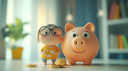 Obraz premium 3D Impromptu Financial Literacy Lesson: Close Up of Engaging Parent-Child Interaction Over Piggy Bank, Coins, and Everyday Home Setting - Icon on White Background