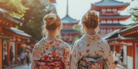 Obraz premium women wearing traditional japanese kimono walking in Kyoto city in Japan. ai generated