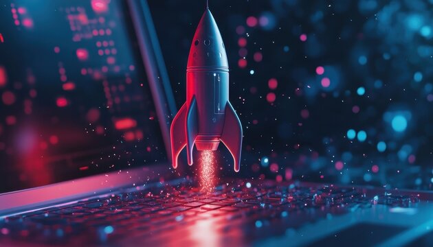 Rocket launches from laptop, symbolizing tech innovation and creativity