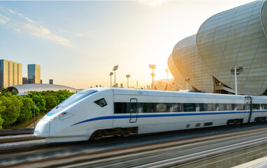Naklejka premium High-speed rail speeds on Bridges and the modern city skyline of hangzhou, China