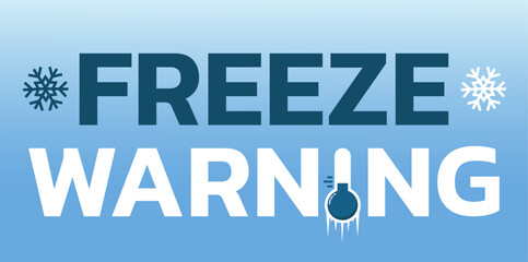 Freeze warning banner. Gradient background with text, snowflakes and a frozen thermometer. Winter weather concept. Vector illustration.